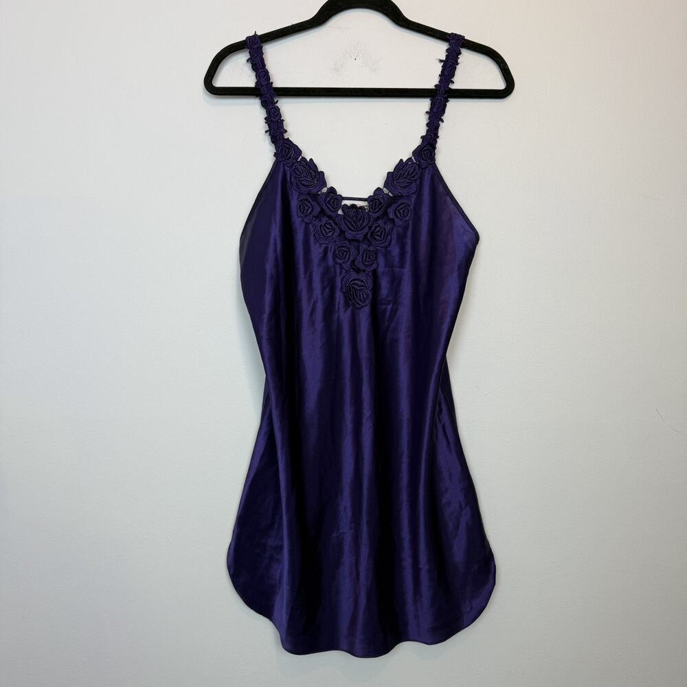 Vintage 90s Dentelle puple satin slip mini dress floral embroidery fairy MD